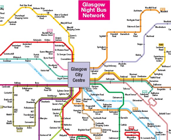 Mapa de autobuses nocturnos en Glasgow